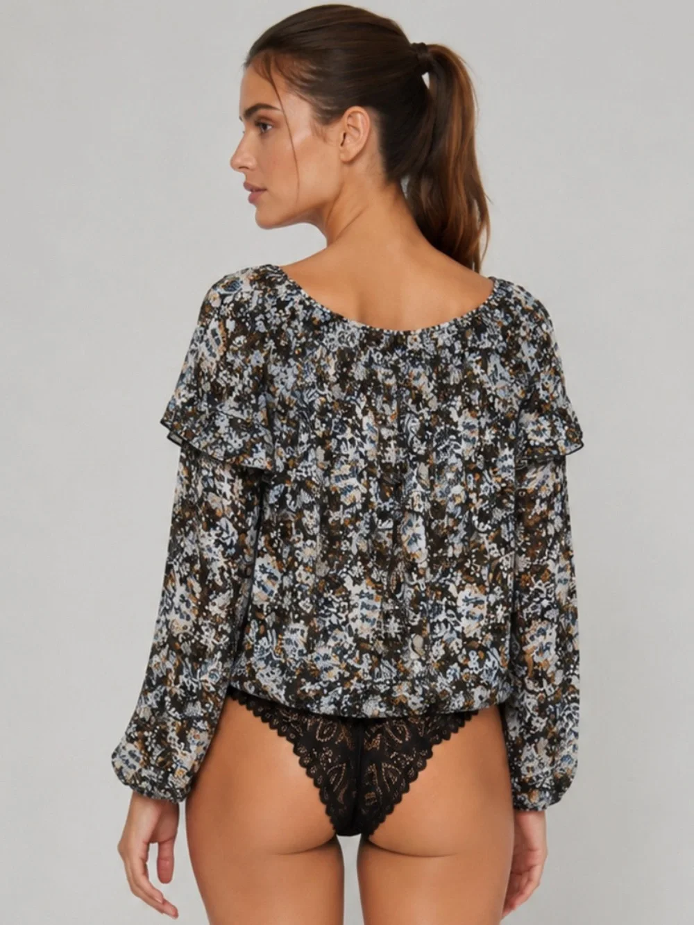 Free People Say It To Me Bodysuit Floral Lace Dolman Bell Sleeve